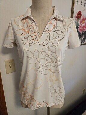 IXOD XFG White Floral Notch-Collar Polo Tee with Brown & Orange Linework. Sz S.
